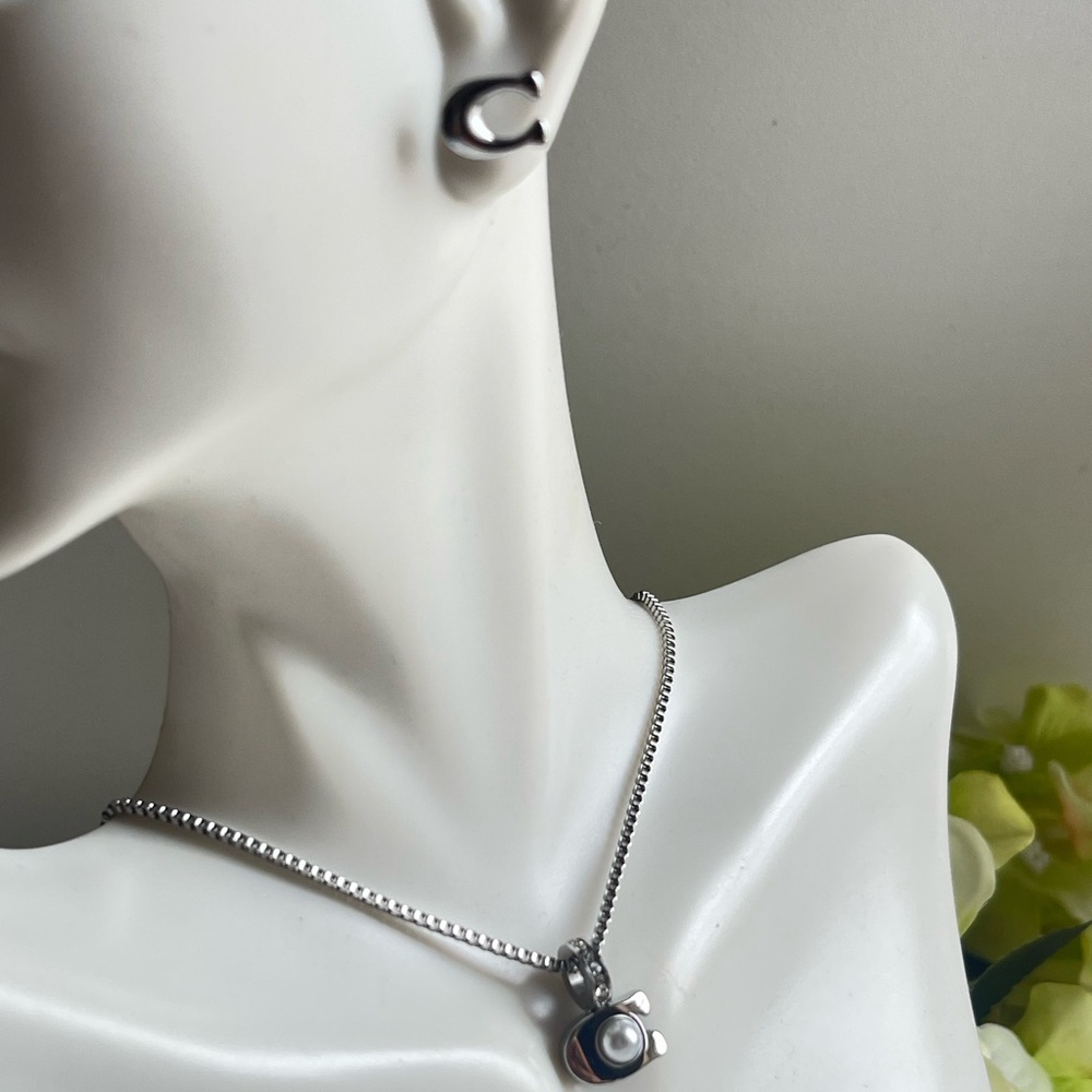 Coach Silver-Tone Necklace with Pearl Pendant and Hoop Earrings - Picture 4 of 7